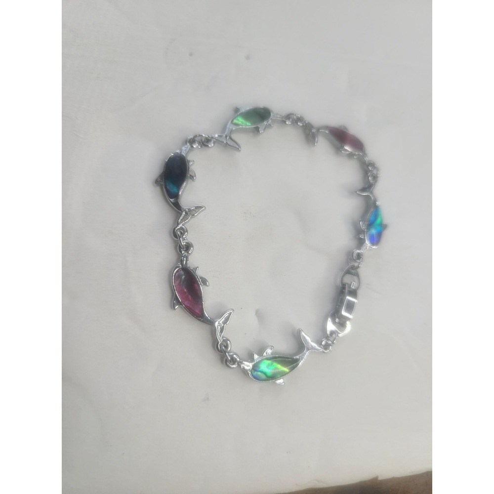 Silvertone Dolphin Bracelet With Multicolor Abalone Shell Inlays